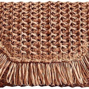 Women's Woven Straw Envelope Beach Clutch Handbag Fringe Trim Casual Bag